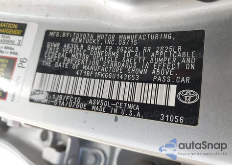 2016 Toyota Camry Le from USA, damaged, VIN 4T1BF1FK6GU143653
